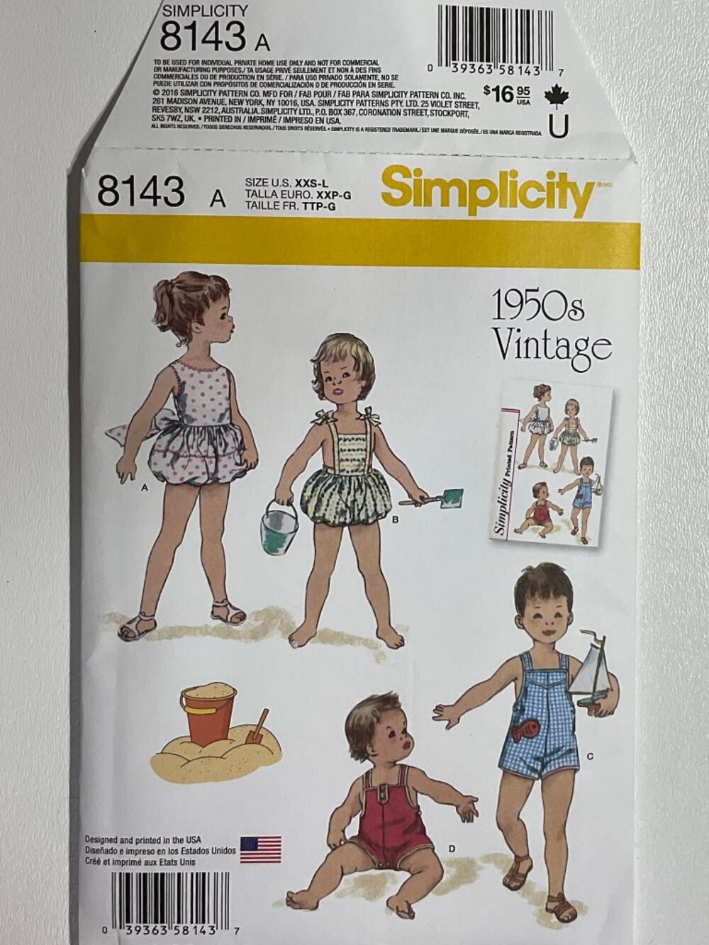 Simplicity 8143 Babies Set of One-Piece Playsuits Retro Vintage Uncut 1950s